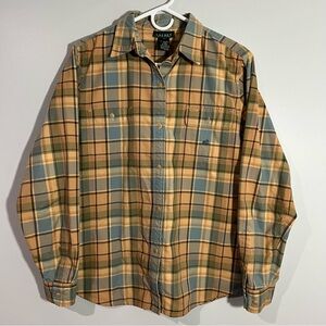 Vintage Lauren Ralph Lauren Plaid Tan Blue Long Sleeve Shirt Women’s Size XL